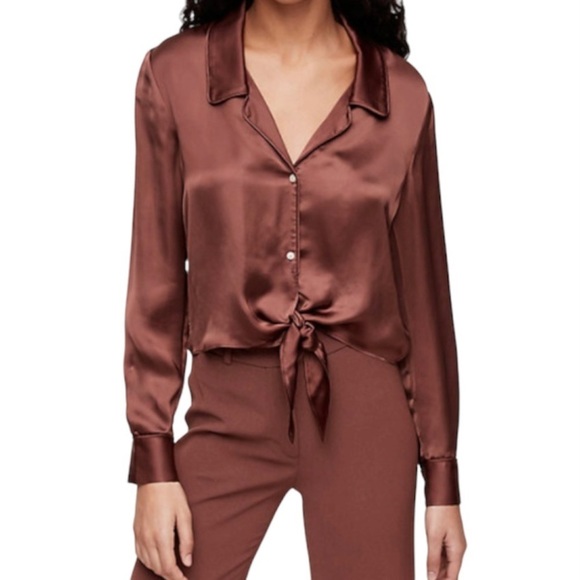 Wilfred Aritzia Tie Front Blouse Size Medium Bronze Silky Collared Long Sleeve - Picture 1 of 10
